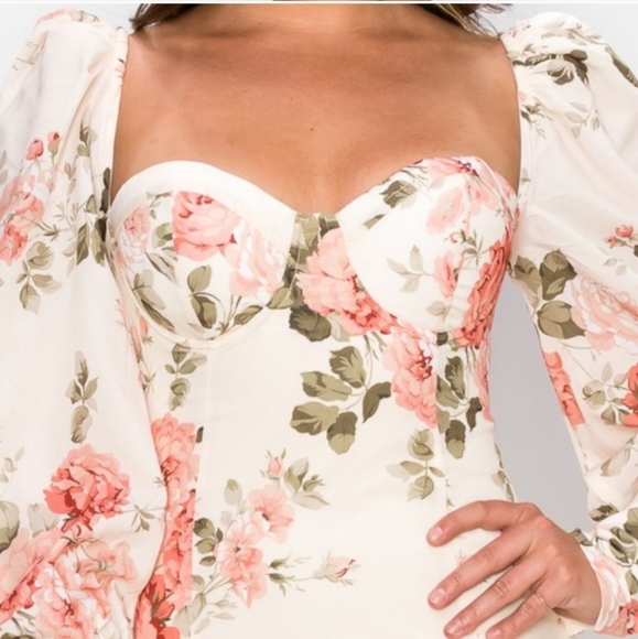 Romantic Floral Sweetheart Puff Sleeve Bodycon Mini Dress Medium Valentines NWOT - Picture 11 of 16